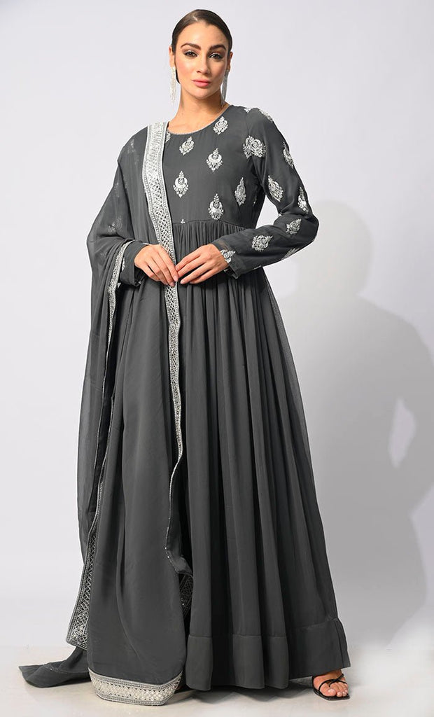 Majestic Mirage: Foil and Zari Embroidered Grey Anarkali with Dupatta - EastEssence.com
