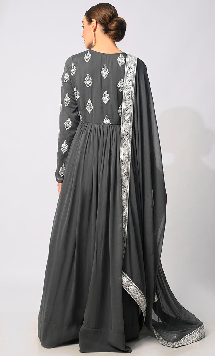 Majestic Mirage: Foil and Zari Embroidered Grey Anarkali with Dupatta - EastEssence.com