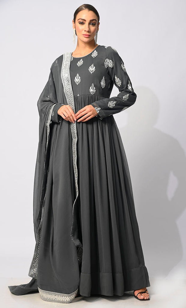 Majestic Mirage: Foil and Zari Embroidered Grey Anarkali with Dupatta - Final Sale - EastEssence.com