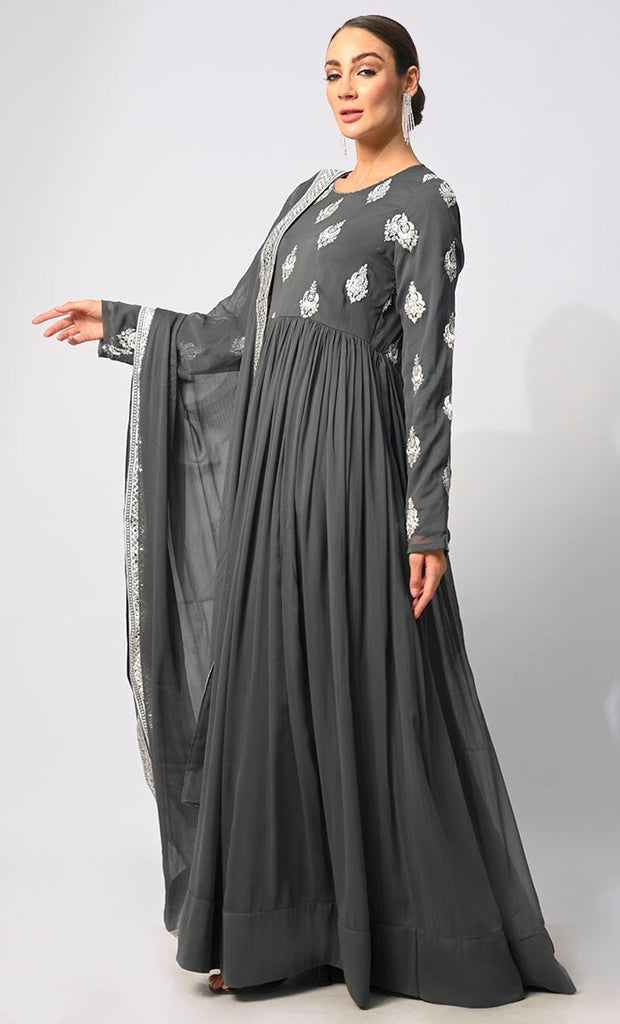 Majestic Mirage: Foil and Zari Embroidered Grey Anarkali with Dupatta - Final Sale - EastEssence.com