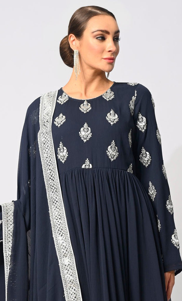 Majestic Mirage: Foil and Zari Embroidered Navy Anarkali with Dupatta - EastEssence.com