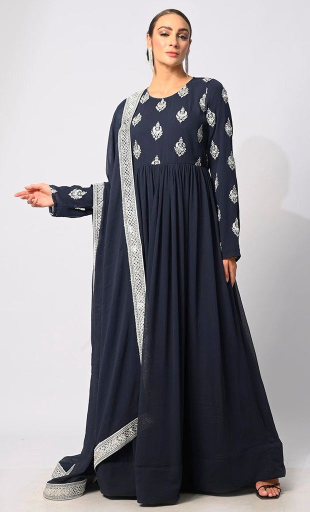 Majestic Mirage: Foil and Zari Embroidered Navy Anarkali with Dupatta - EastEssence.com