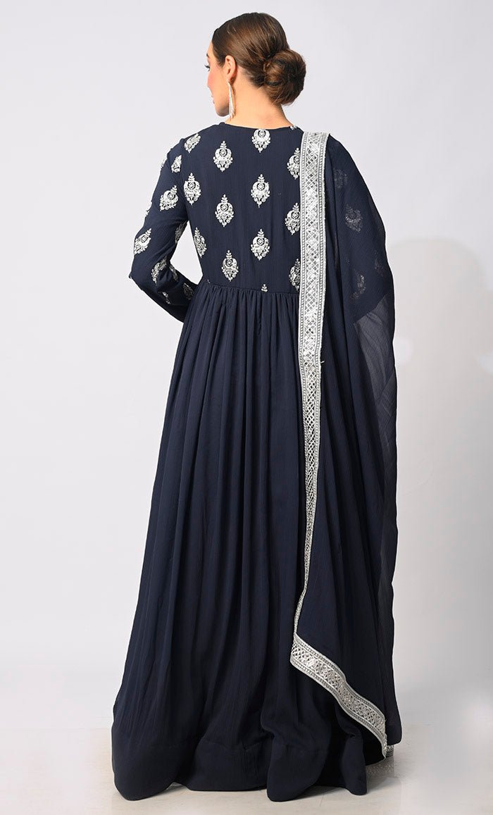 Majestic Mirage: Foil and Zari Embroidered Navy Anarkali with Dupatta - EastEssence.com