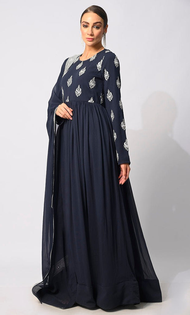 Majestic Mirage: Foil and Zari Embroidered Navy Anarkali with Dupatta - Final Sale - EastEssence.com