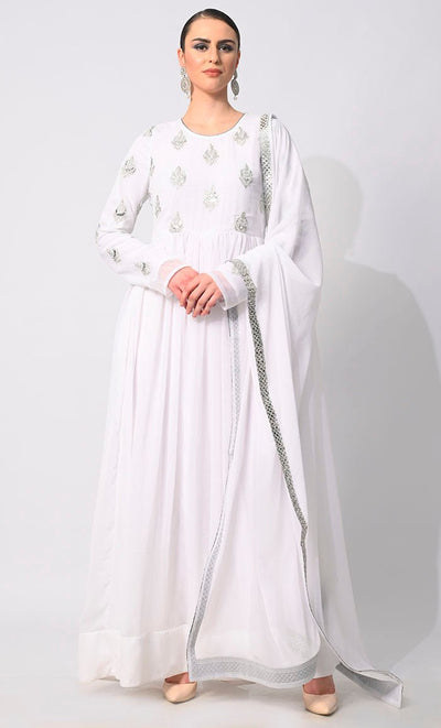 Majestic Mirage: Foil and Zari Embroidered White Anarkali with Dupatta - EastEssence.com