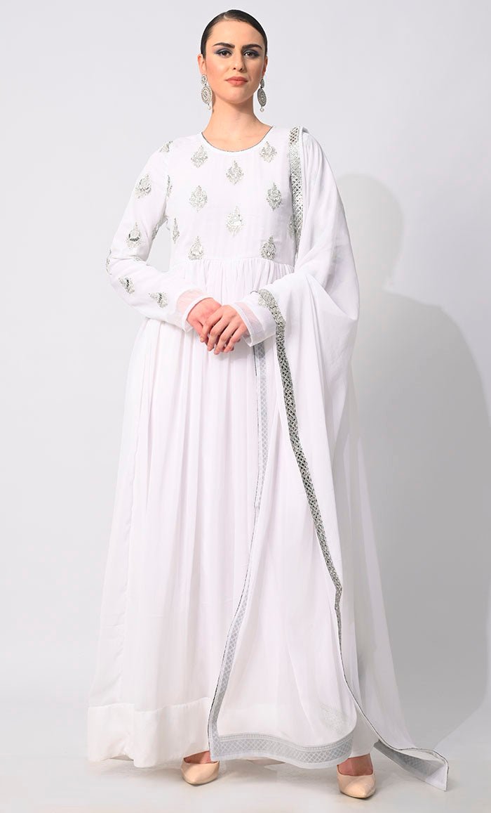Majestic Mirage: Foil and Zari Embroidered White Anarkali with Dupatta - EastEssence.com
