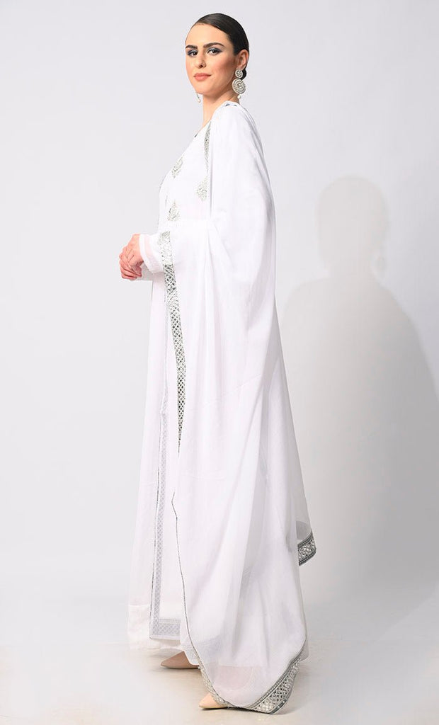 Majestic Mirage: Foil and Zari Embroidered White Anarkali with Dupatta - EastEssence.com