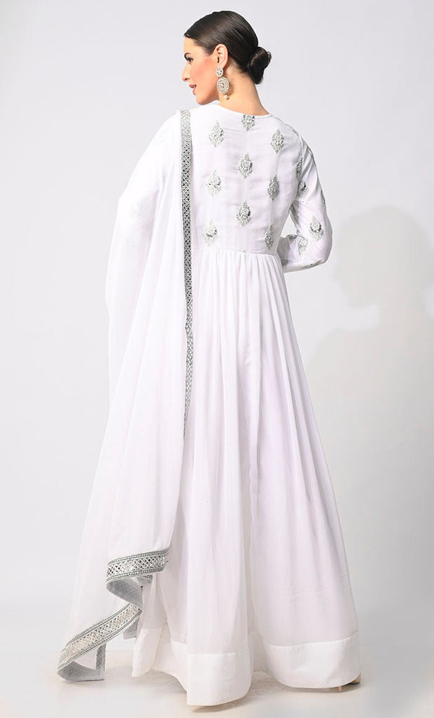 Majestic Mirage: Foil and Zari Embroidered White Anarkali with Dupatta - EastEssence.com