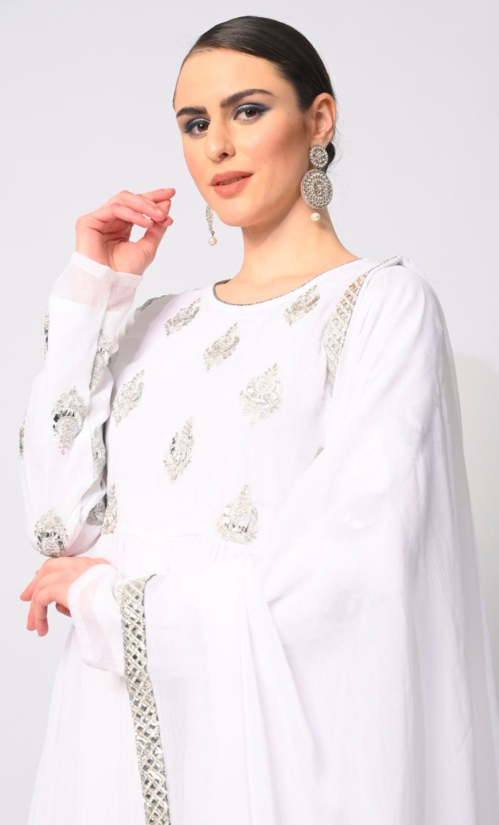 Majestic Mirage: Foil and Zari Embroidered White Anarkali with Dupatta - EastEssence.com