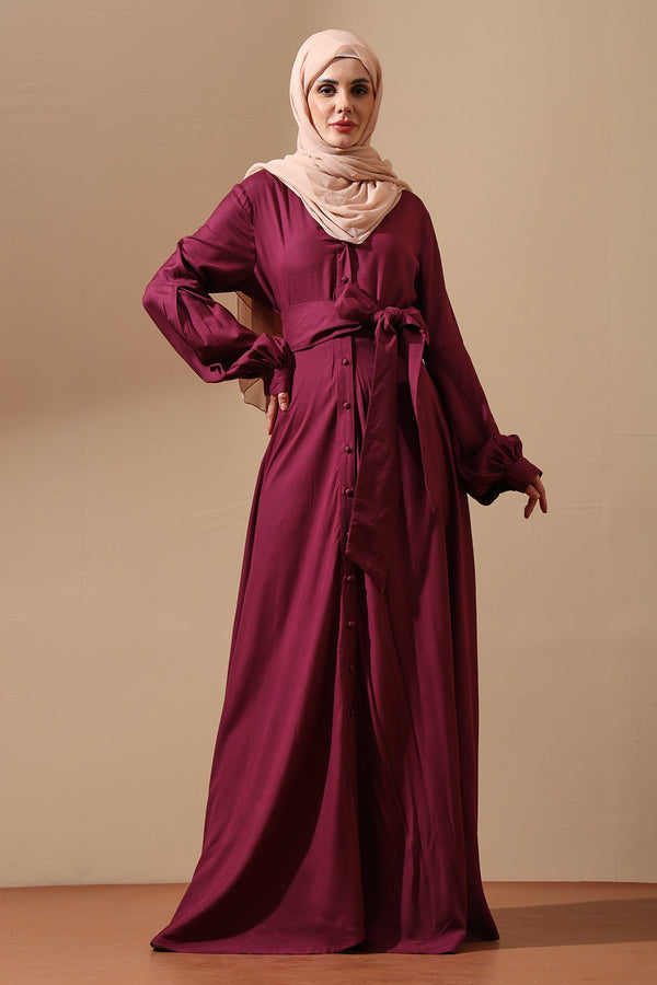 Maroon Button - Front Abaya with Tie Waist - EastEssence.com