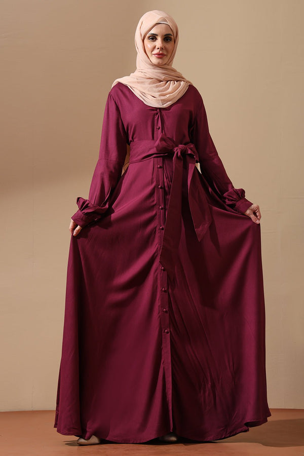 Maroon Button - Front Abaya with Tie Waist - EastEssence.com
