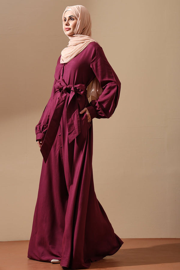 Maroon Button - Front Abaya with Tie Waist - EastEssence.com
