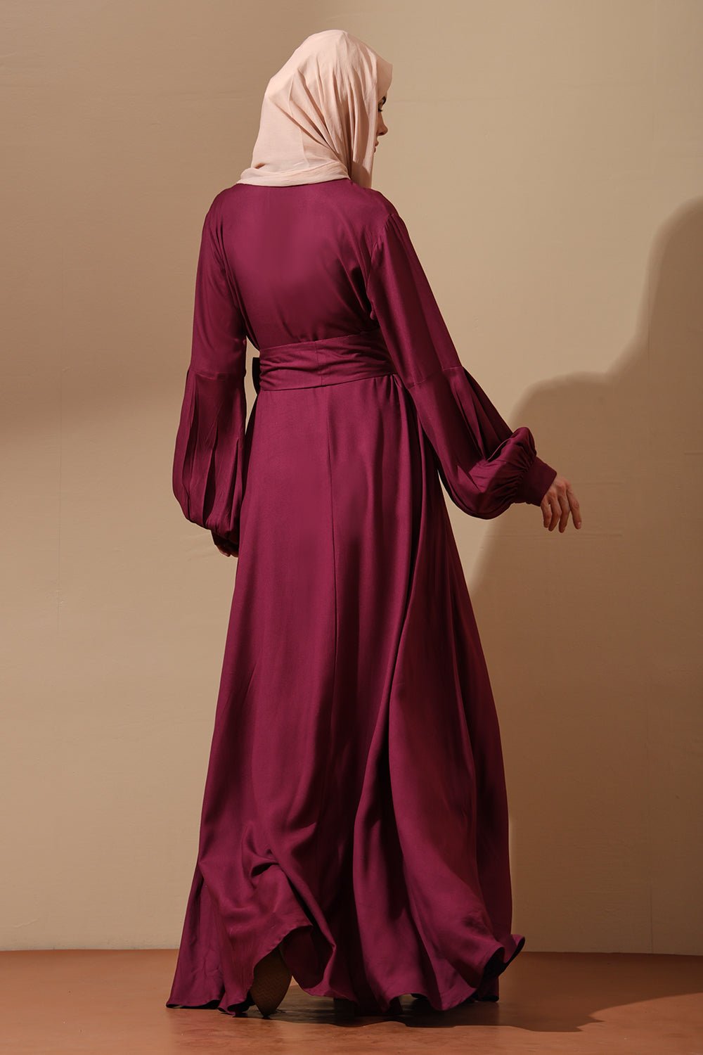 Maroon Button - Front Abaya with Tie Waist - EastEssence.com