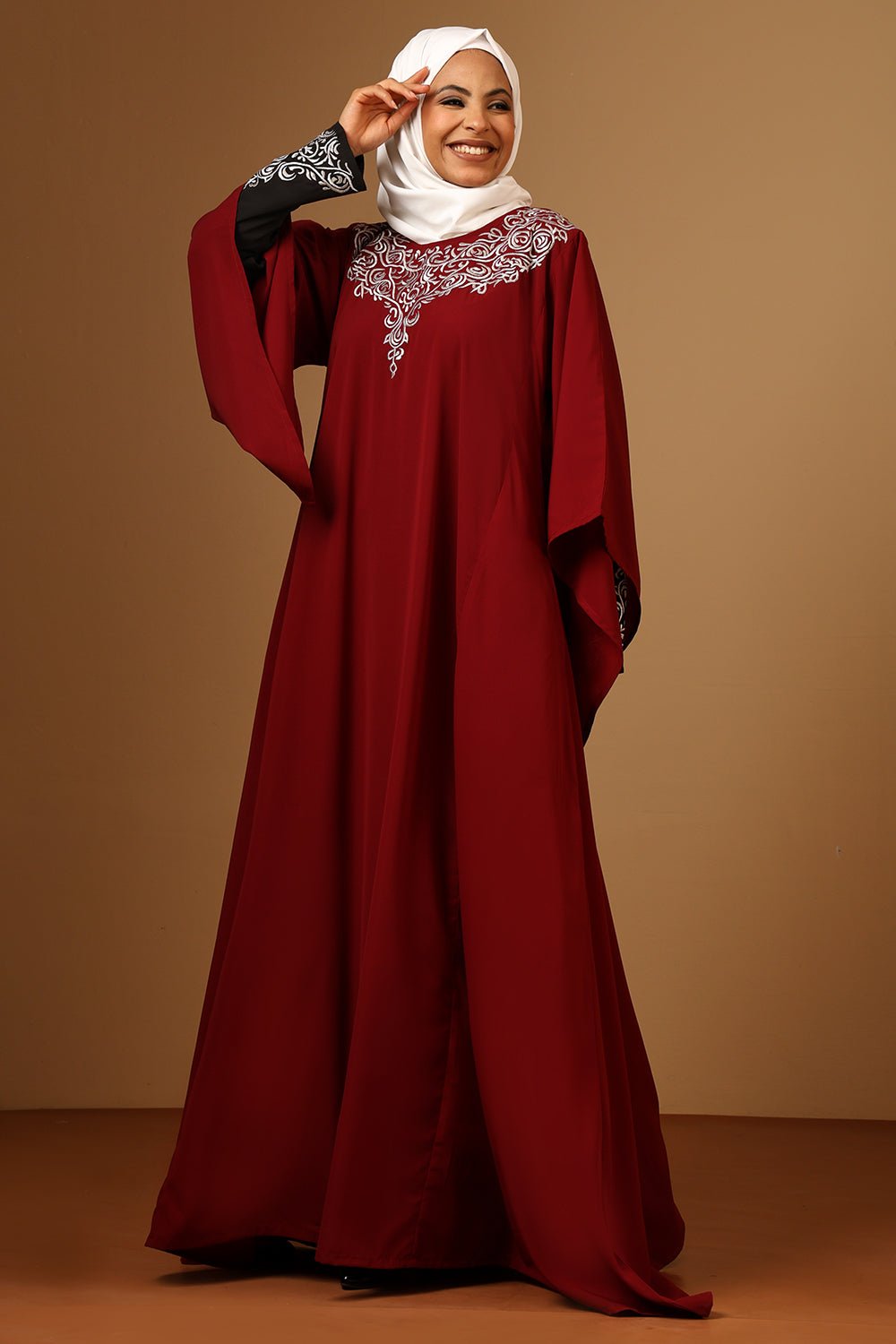 Maroon Firdous Zari Embroidered Double Layered Umbrella Abaya - EastEssence.com