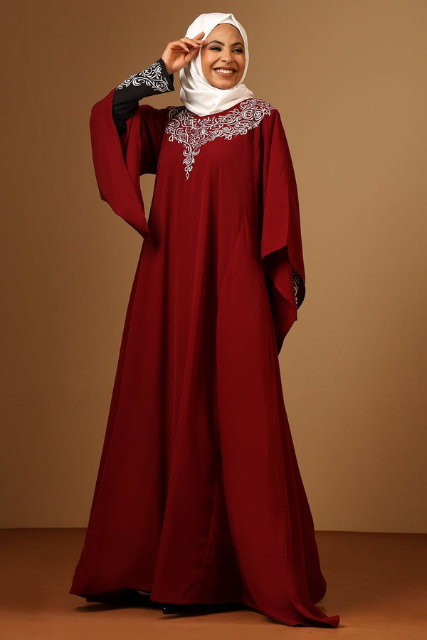 Maroon Firdous Zari Embroidered Double Layered Umbrella Abaya - EastEssence.com