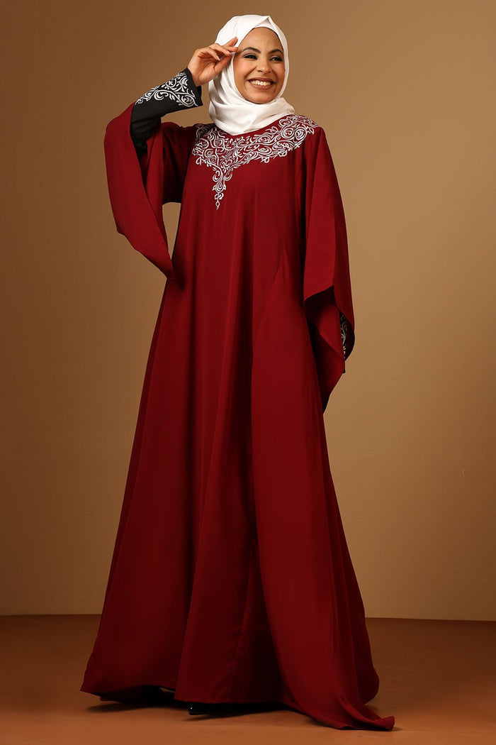 Maroon Firdous Zari Embroidered Double Layered Umbrella Abaya