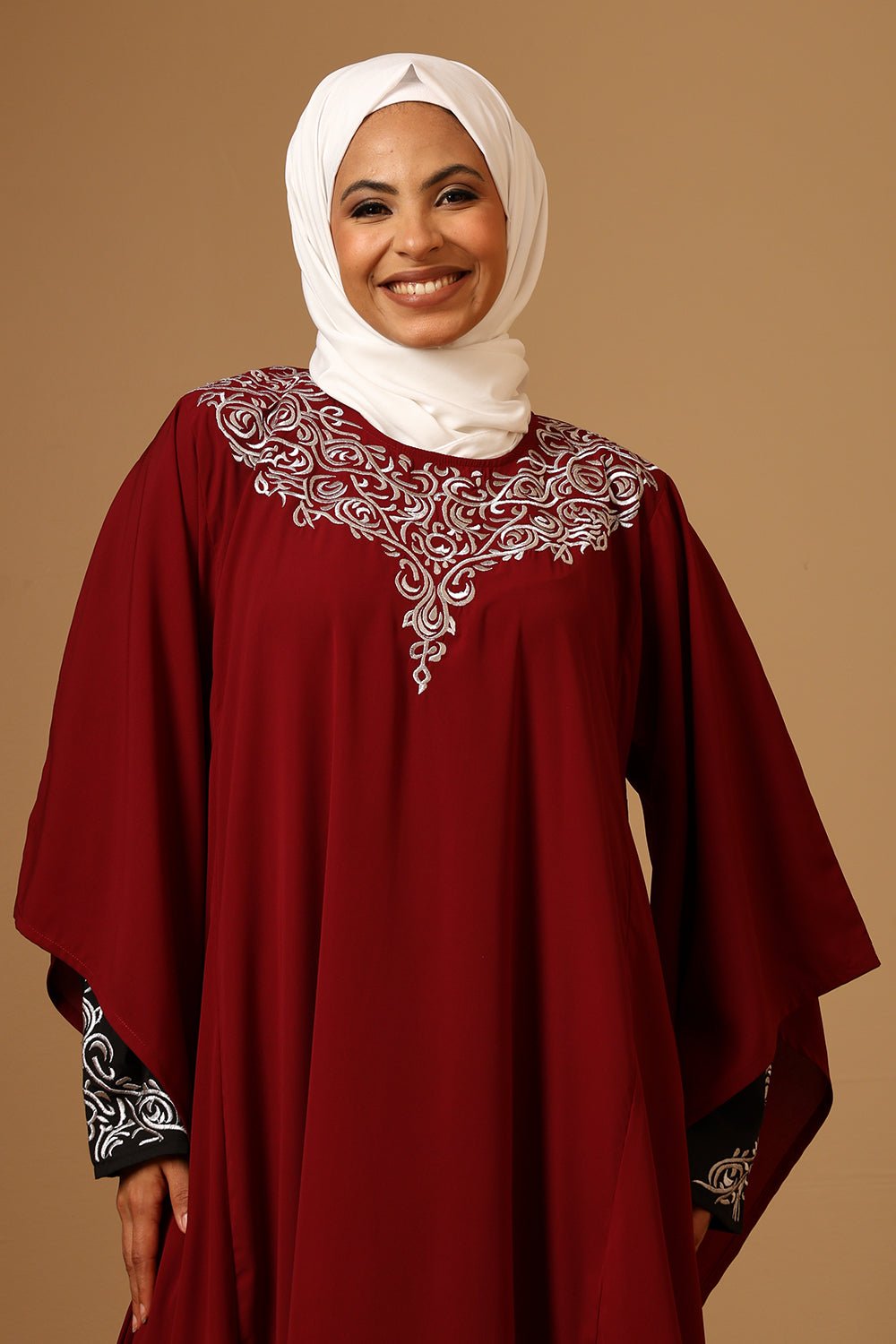 Maroon Firdous Zari Embroidered Double Layered Umbrella Abaya - EastEssence.com