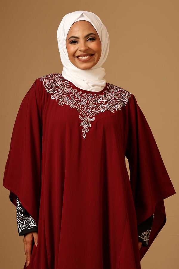 Maroon Firdous Zari Embroidered Double Layered Umbrella Abaya - EastEssence.com
