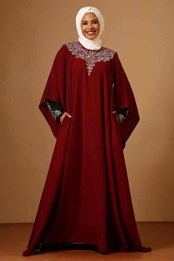 Maroon Firdous Zari Embroidered Double Layered Umbrella Abaya - EastEssence.com