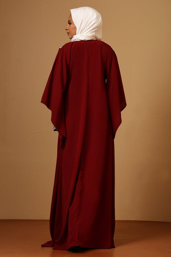 Maroon Firdous Zari Embroidered Double Layered Umbrella Abaya - EastEssence.com