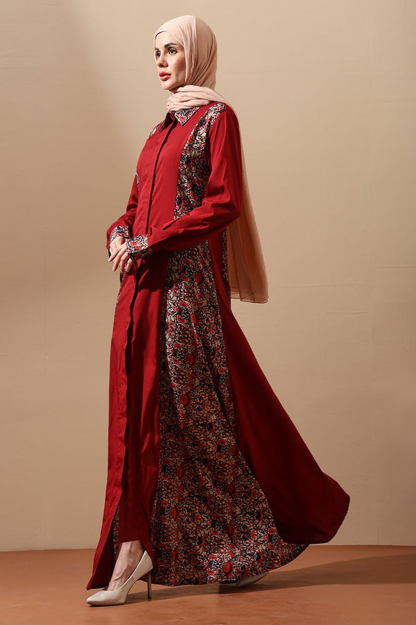Maroon Heritage Panel Abaya - EastEssence.com