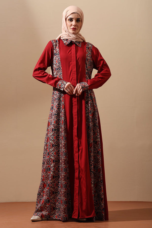 Maroon Heritage Panel Abaya - EastEssence.com
