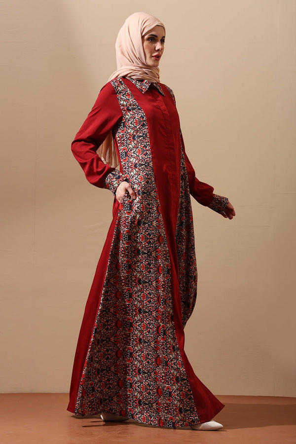 Maroon Heritage Panel Abaya - EastEssence.com