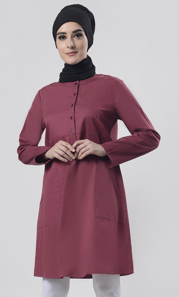 Maroon Sober Everyday wear Front Open Button Long Tunic - Final Sale - EastEssence.com