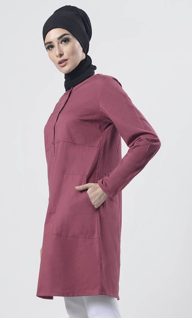 Maroon Sober Everyday wear Front Open Button Long Tunic - Final Sale - EastEssence.com