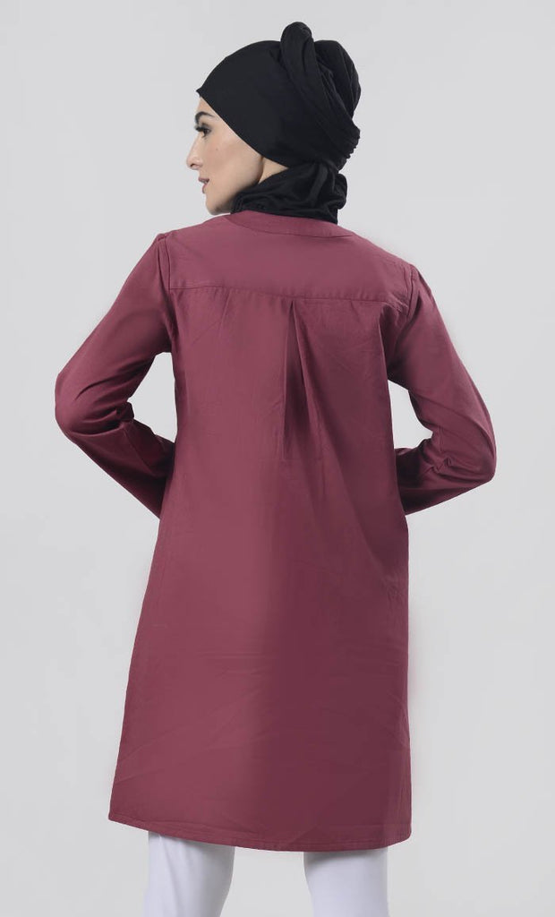 Maroon Sober Everyday wear Front Open Button Long Tunic - Final Sale - EastEssence.com