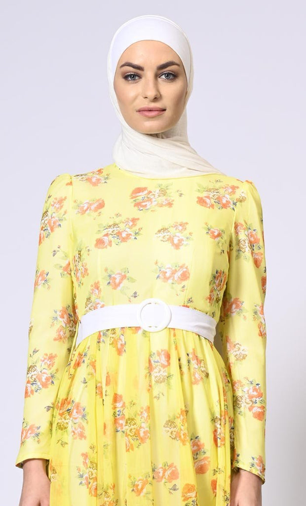 Mellow Yellow Magic: Printed Abaya with Belt and Hijab - Final Sale - EastEssence.com