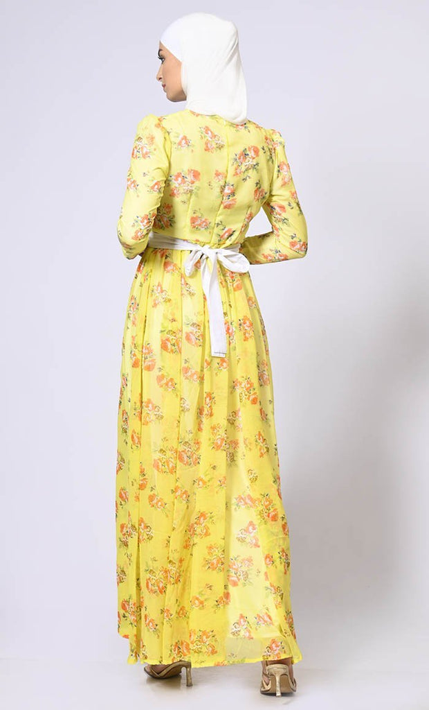 Mellow Yellow Magic: Printed Abaya with Belt and Hijab - Final Sale - EastEssence.com