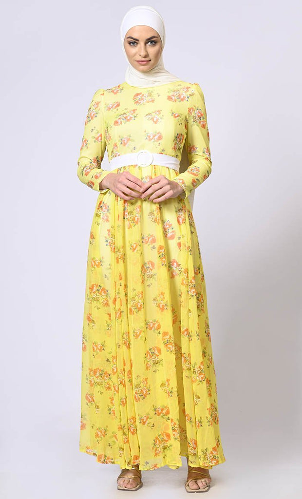 Mellow Yellow Magic: Printed Abaya with Belt and Hijab - Final Sale - EastEssence.com