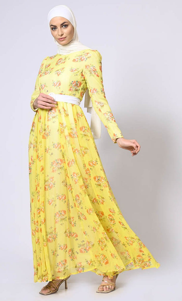 Mellow Yellow Magic: Printed Abaya with Belt and Hijab - Final Sale - EastEssence.com