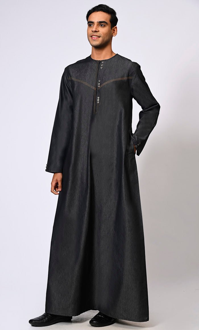 Men's Black Denim Thobe With Show Buttons and Pockets - EastEssence.com