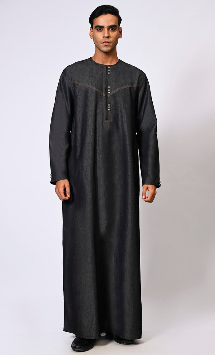 Men's Black Denim Thobe With Show Buttons and Pockets - EastEssence.com