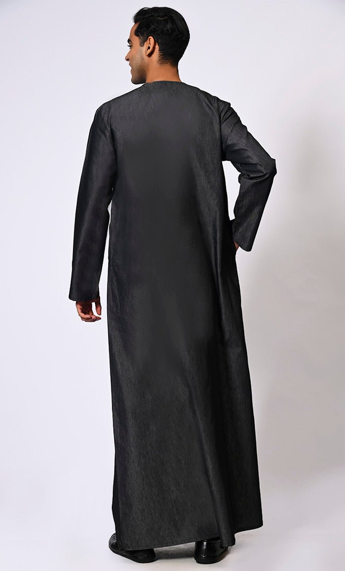 Men's Black Denim Thobe With Show Buttons and Pockets - EastEssence.com