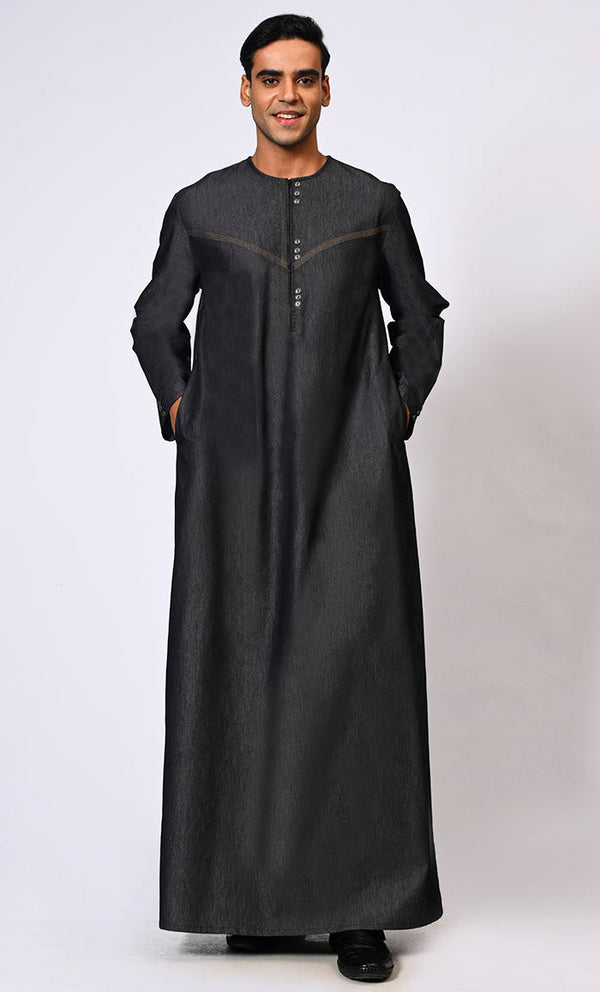 Men's Black Denim Thobe With Show Buttons and Pockets - EastEssence.com