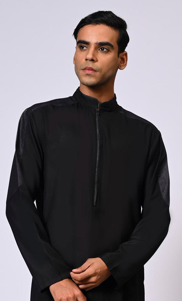 Men's Black Thobe with Contrast Denim Yoke and Sleeves Panel - Final Sale - EastEssence.com