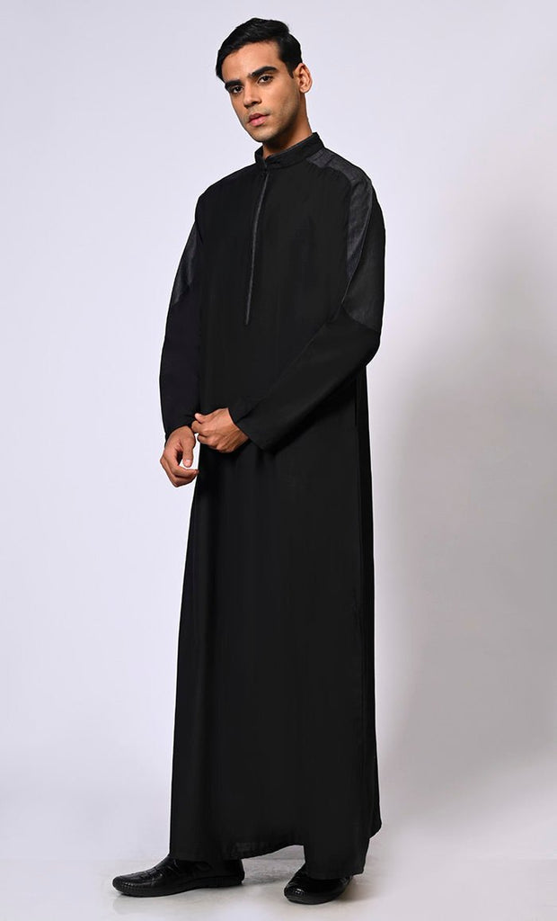 Men's Black Thobe with Contrast Denim Yoke and Sleeves Panel - Final Sale - EastEssence.com