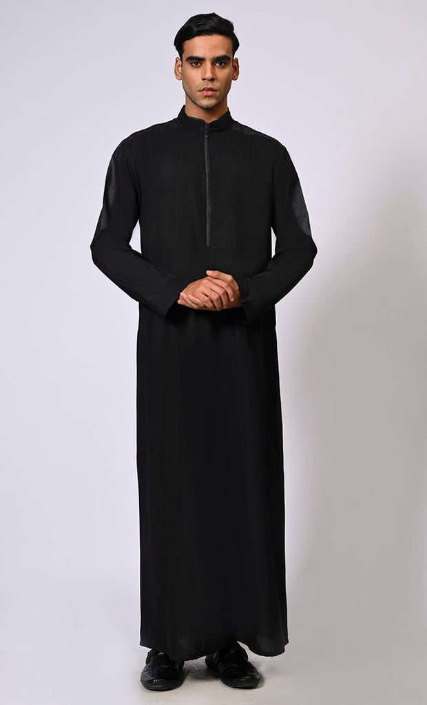 Men's Black Thobe with Contrast Denim Yoke and Sleeves Panel - Final Sale - EastEssence.com