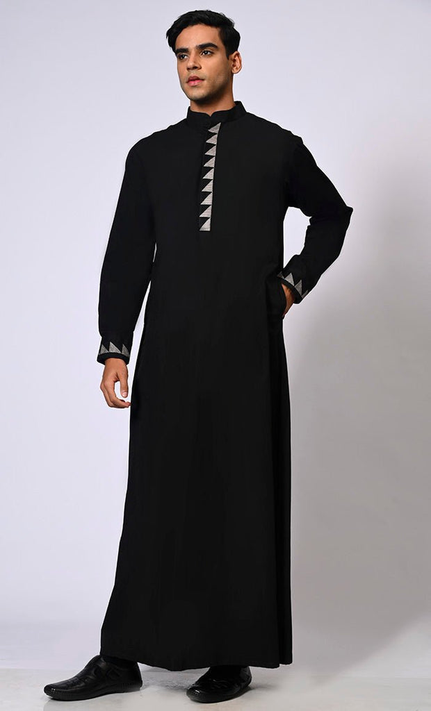 Men's Black Thobe with Geometrical Embroidery detailing and Pockets - Final Sale - EastEssence.com