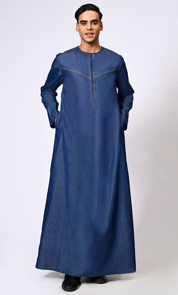 Men's Blue Denim Thobe With Show Buttons and Pockets - EastEssence.com