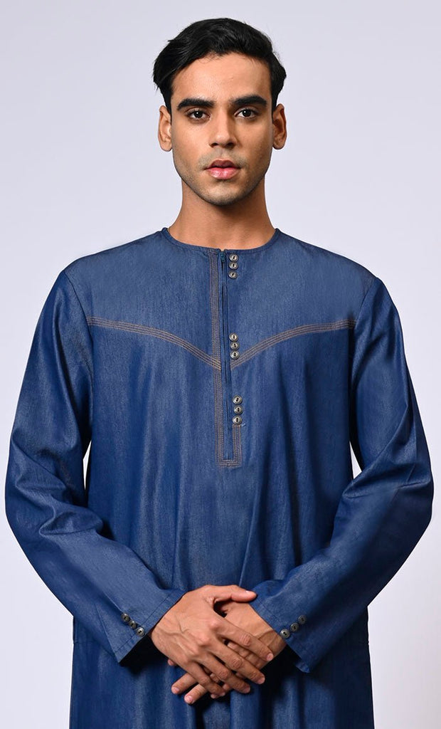 Men's Blue Denim Thobe With Show Buttons and Pockets - EastEssence.com