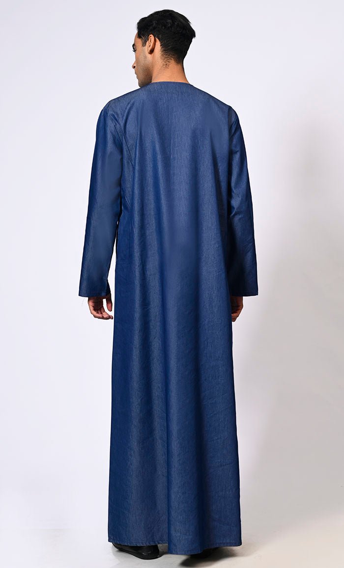 Men's Blue Denim Thobe With Show Buttons and Pockets - EastEssence.com