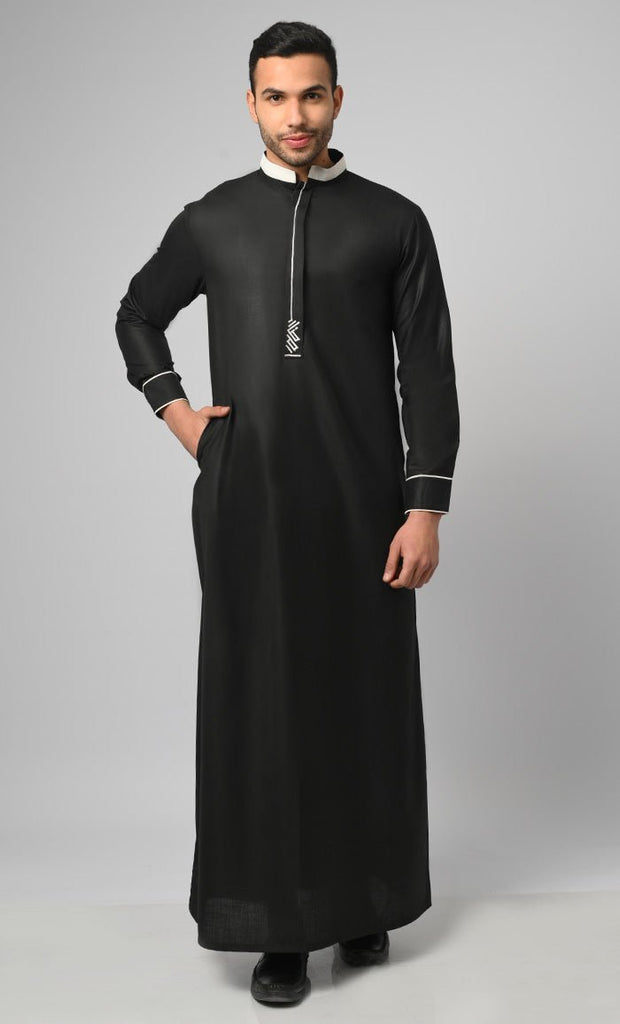 Men's Collared And Cuff Detail Thobe / Jubba With Embroidery And Pockets - Final Sale - EastEssence.com