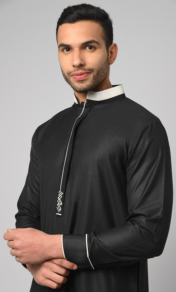 Men's Collared And Cuff Detail Thobe / Jubba With Embroidery And Pockets - Final Sale - EastEssence.com