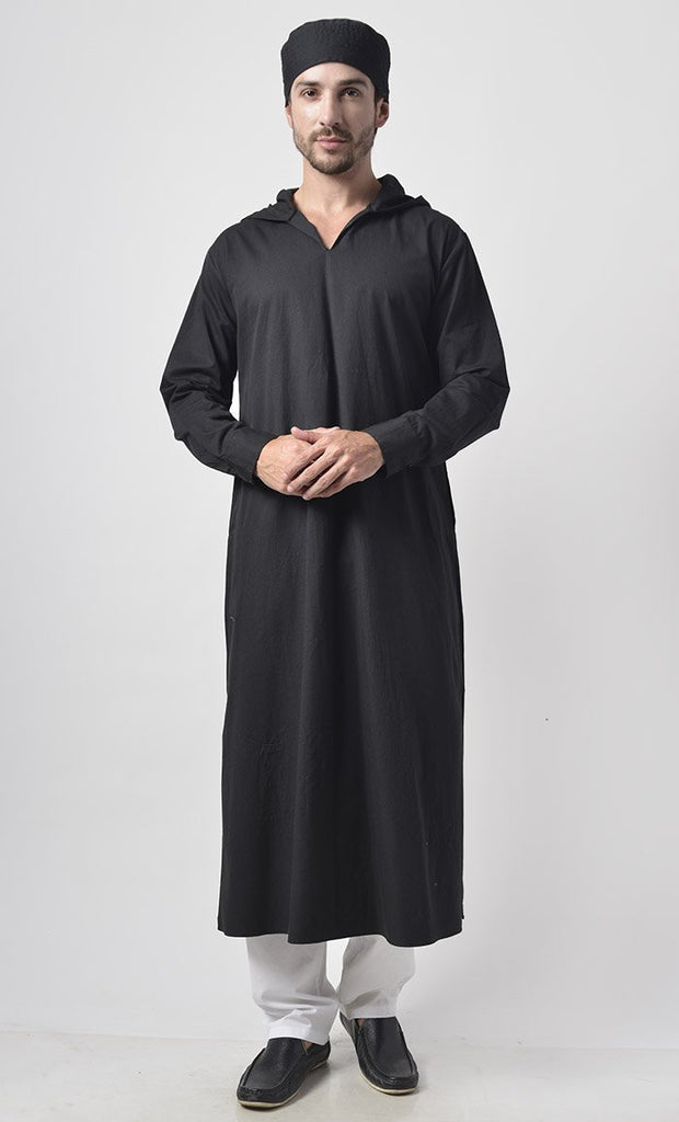 Mens Cotton Hooded Kurta - Black - Final Sale - EastEssence.com