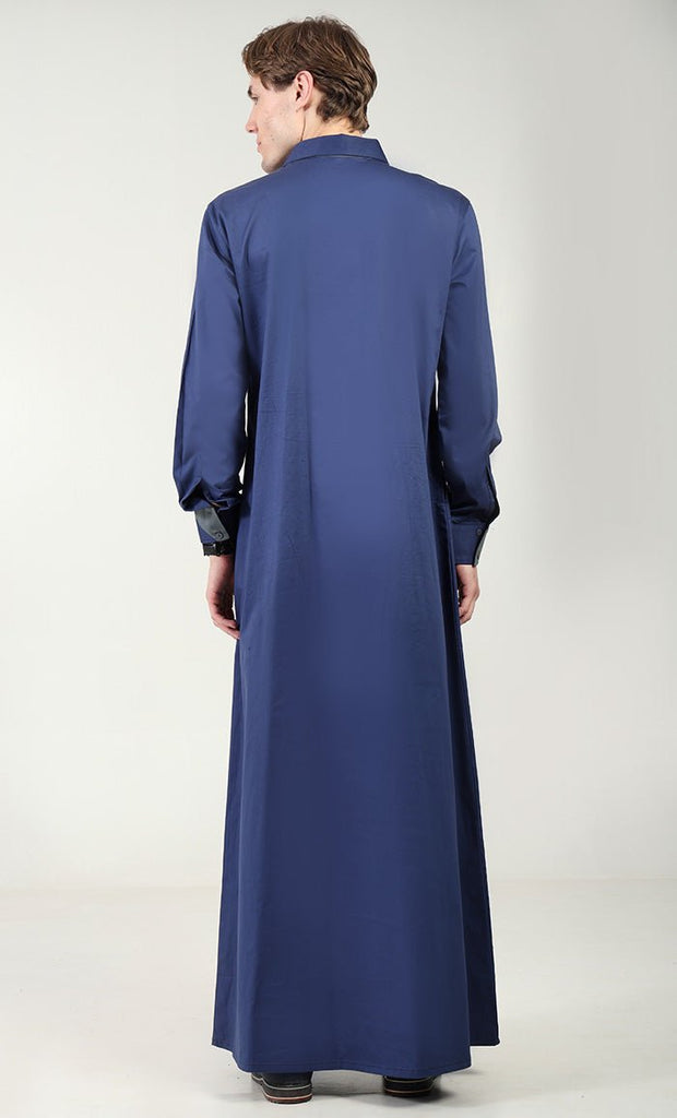 Men’s Cotton Twill Thobe/Jubba with Convertible Collar & Cuffs - Blue - EastEssence.com