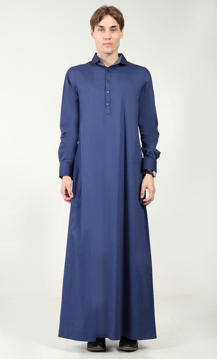 Men’s Cotton Twill Thobe with Convertible Collar & Cuffs – Blue
